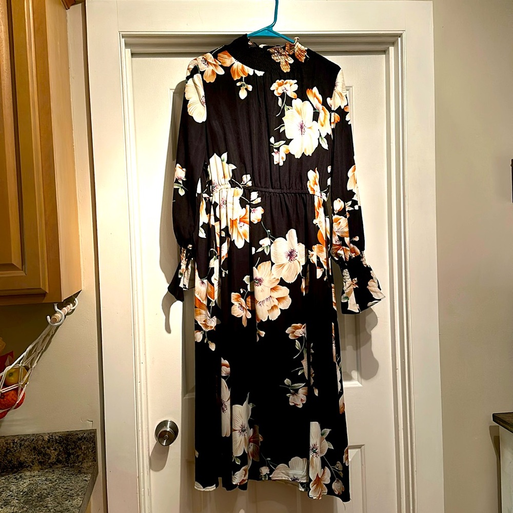 Amazon Black Floral High Neck A-Line Midi Dress